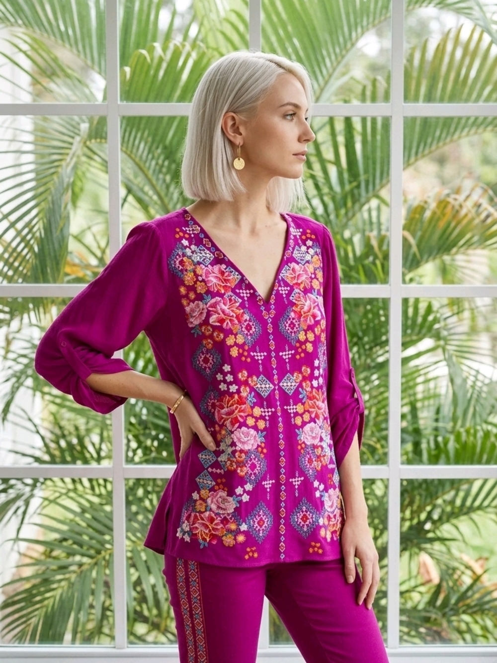 Savanna Jane Fuchsia Embroidered V-Neck Tunic Plus Size 2x